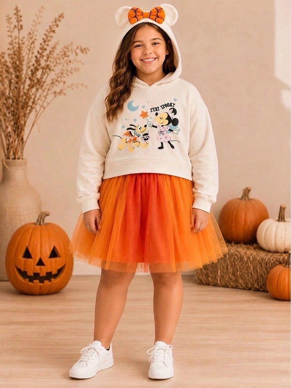 Disney Minnie Mouse Tutu Hoodie Dress w/Ears Halloween Girls M Tan & Orange NWT